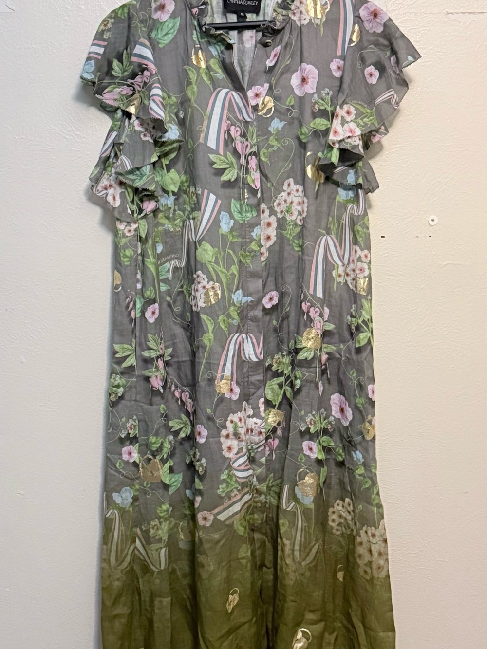 Cynthia Rowley Olive Green Floral Metallic Accent Maxi Dress - Picture 5 of 7